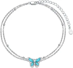 Turquoise Butterfly Anklet 925 Sterling Silver Butterfly Adjustable Layered Foot Anklet Bracelet Beach Summer Jewelry Gifts for Women