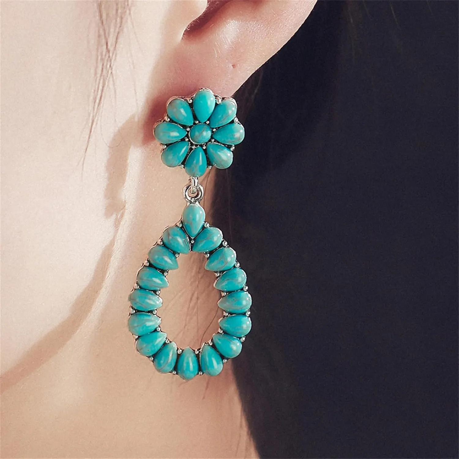 Turquoise Dangle Earrings for Women Vintage Blue Turquoise Vintage Oval Teardrop Earrings Bohemia Tribal Antique Ethnic Style Earrings Turquoise Gemstone Earrings Boho Handmade Jewelry Gifts
