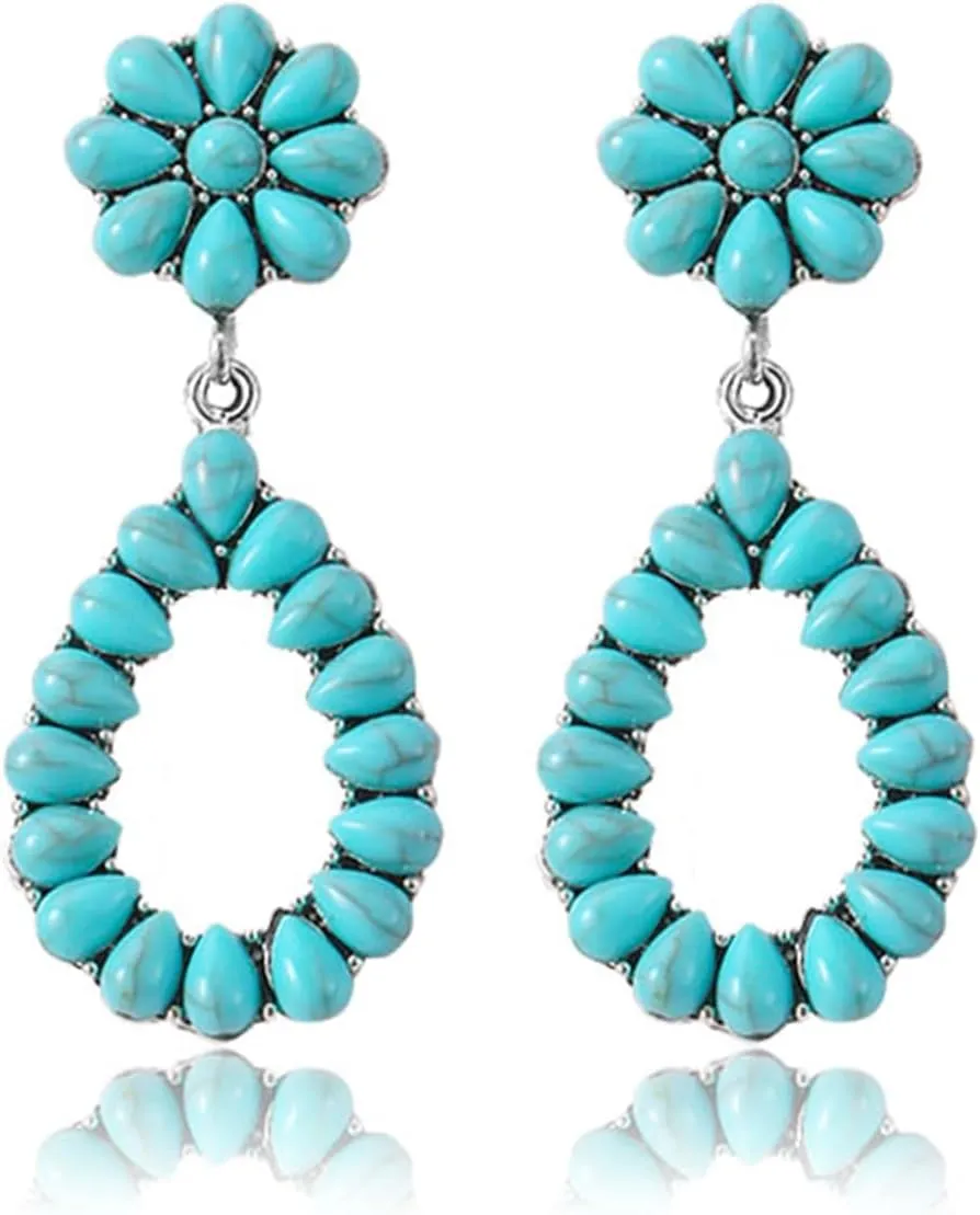 Turquoise Dangle Earrings for Women Vintage Blue Turquoise Vintage Oval Teardrop Earrings Bohemia Tribal Antique Ethnic Style Earrings Turquoise Gemstone Earrings Boho Handmade Jewelry Gifts