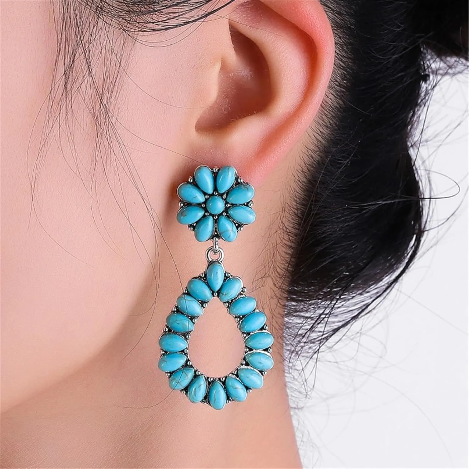 Turquoise Dangle Earrings for Women Vintage Blue Turquoise Vintage Oval Teardrop Earrings Bohemia Tribal Antique Ethnic Style Earrings Turquoise Gemstone Earrings Boho Handmade Jewelry Gifts