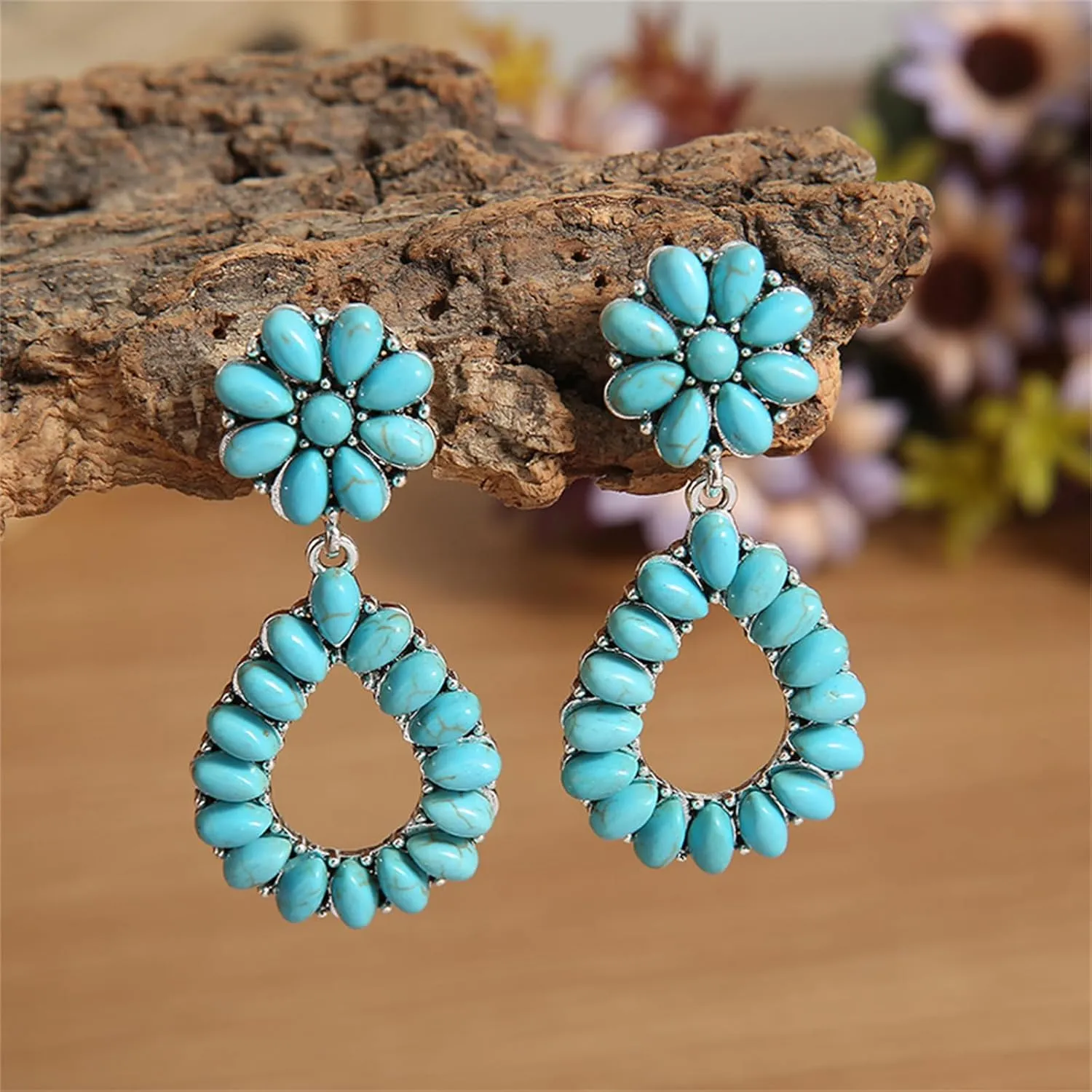 Turquoise Dangle Earrings for Women Vintage Blue Turquoise Vintage Oval Teardrop Earrings Bohemia Tribal Antique Ethnic Style Earrings Turquoise Gemstone Earrings Boho Handmade Jewelry Gifts