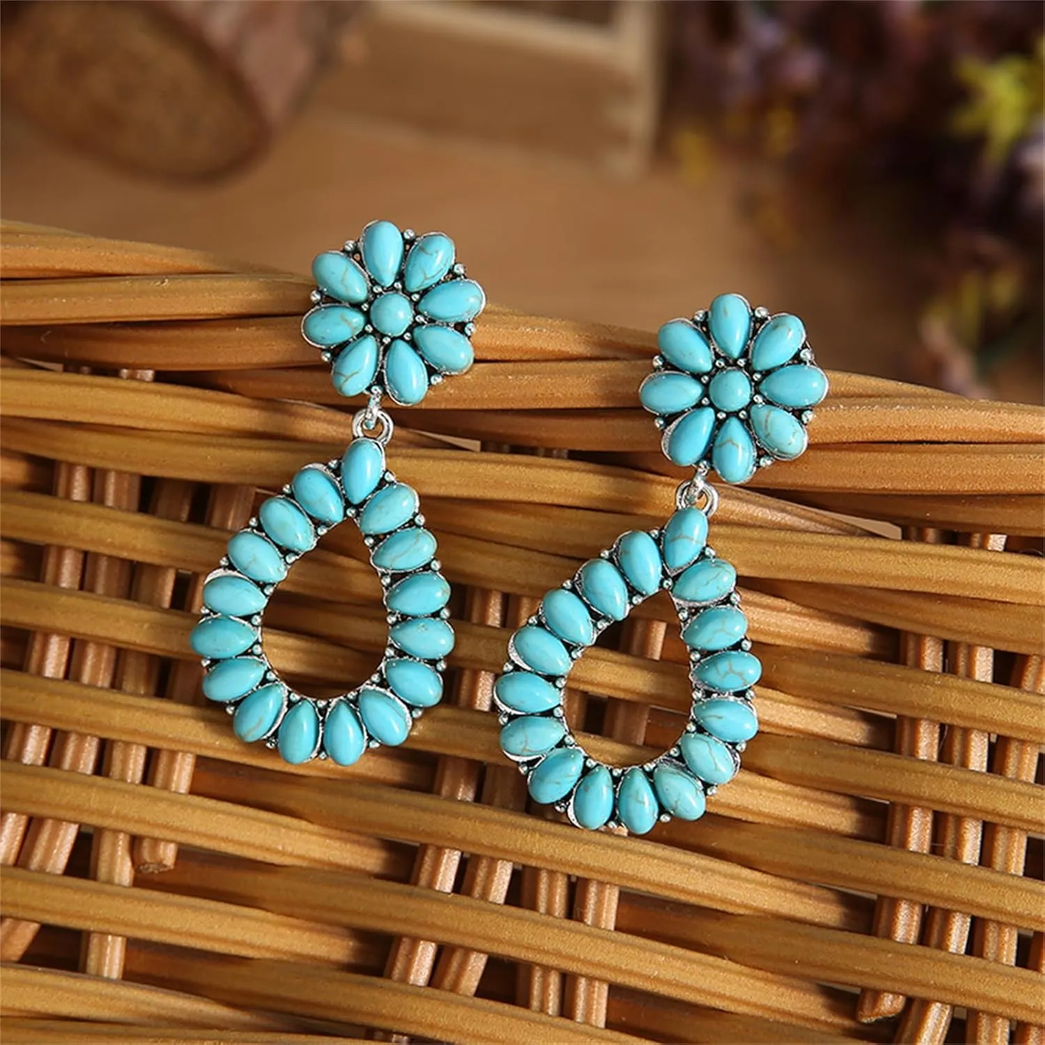Turquoise Dangle Earrings for Women Vintage Blue Turquoise Vintage Oval Teardrop Earrings Bohemia Tribal Antique Ethnic Style Earrings Turquoise Gemstone Earrings Boho Handmade Jewelry Gifts