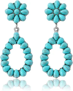 Turquoise Dangle Earrings for Women Vintage Blue Turquoise Vintage Oval Teardrop Earrings Bohemia Tribal Antique Ethnic Style Earrings Turquoise Gemstone Earrings Boho Handmade Jewelry Gifts