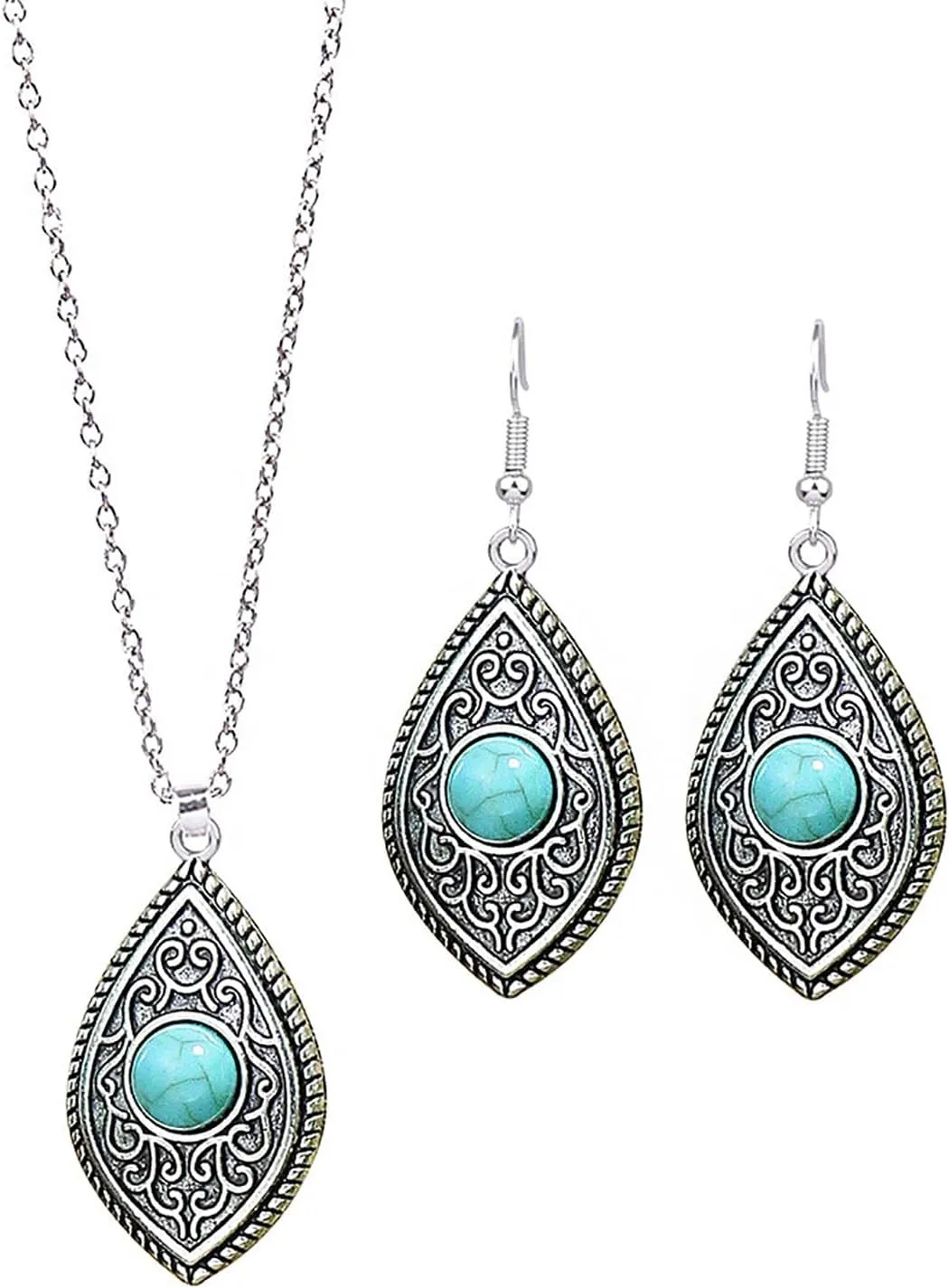 Turquoise Necklace Earrings Sets Bohemian Gemstone Pendant Necklace Chain for Women Vintage Water-Drop Western Costume Jewelry