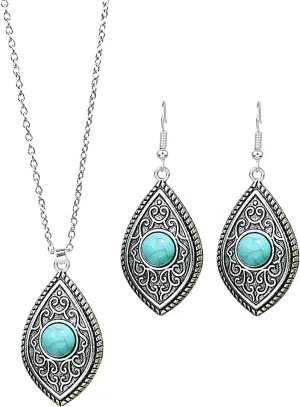 Turquoise Necklace Earrings Sets Bohemian Gemstone Pendant Necklace Chain for Women Vintage Water-Drop Western Costume Jewelry