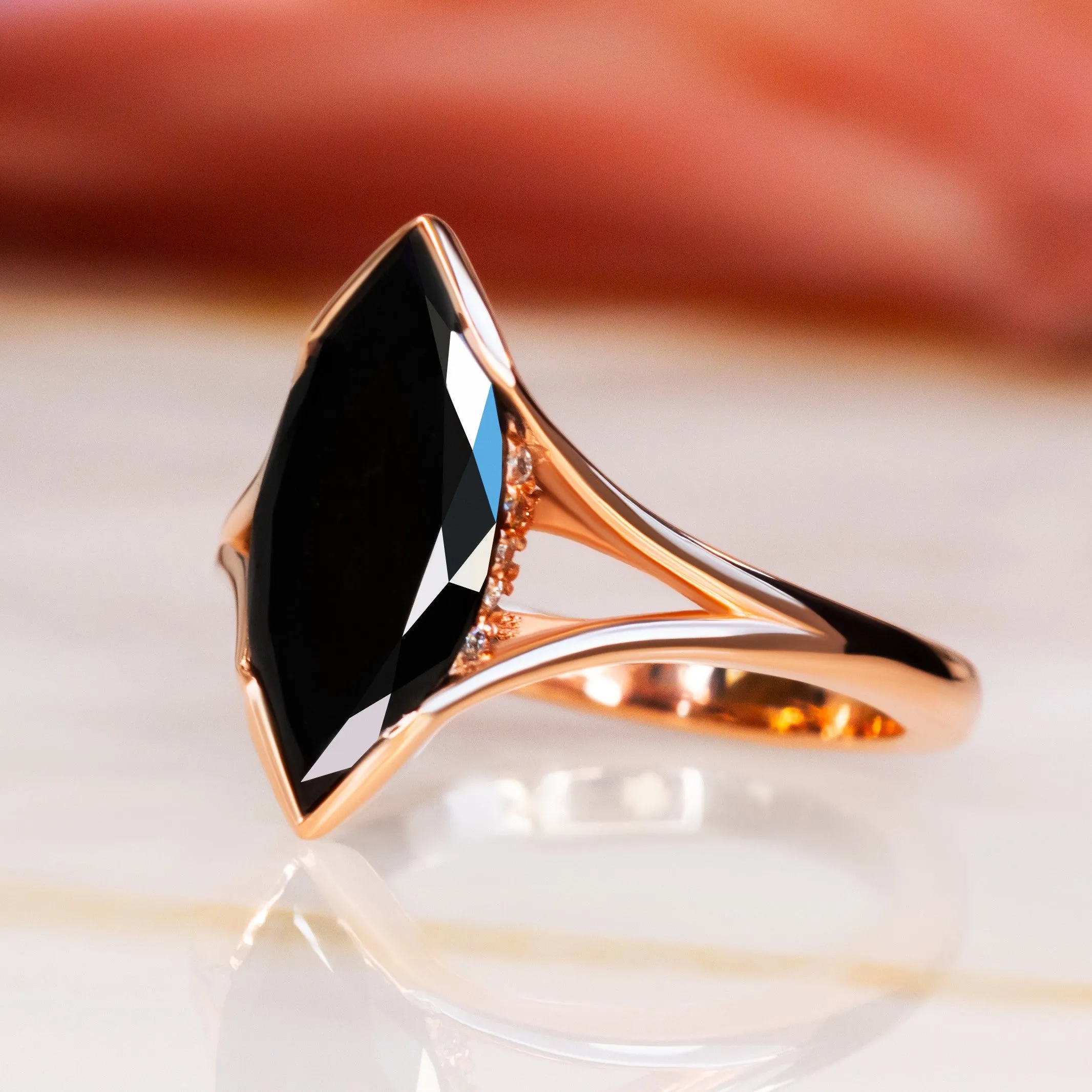 Univers's Eye- Art Deco  Natural Black Diamond Marquise Engagement Ring in Rose  Gold