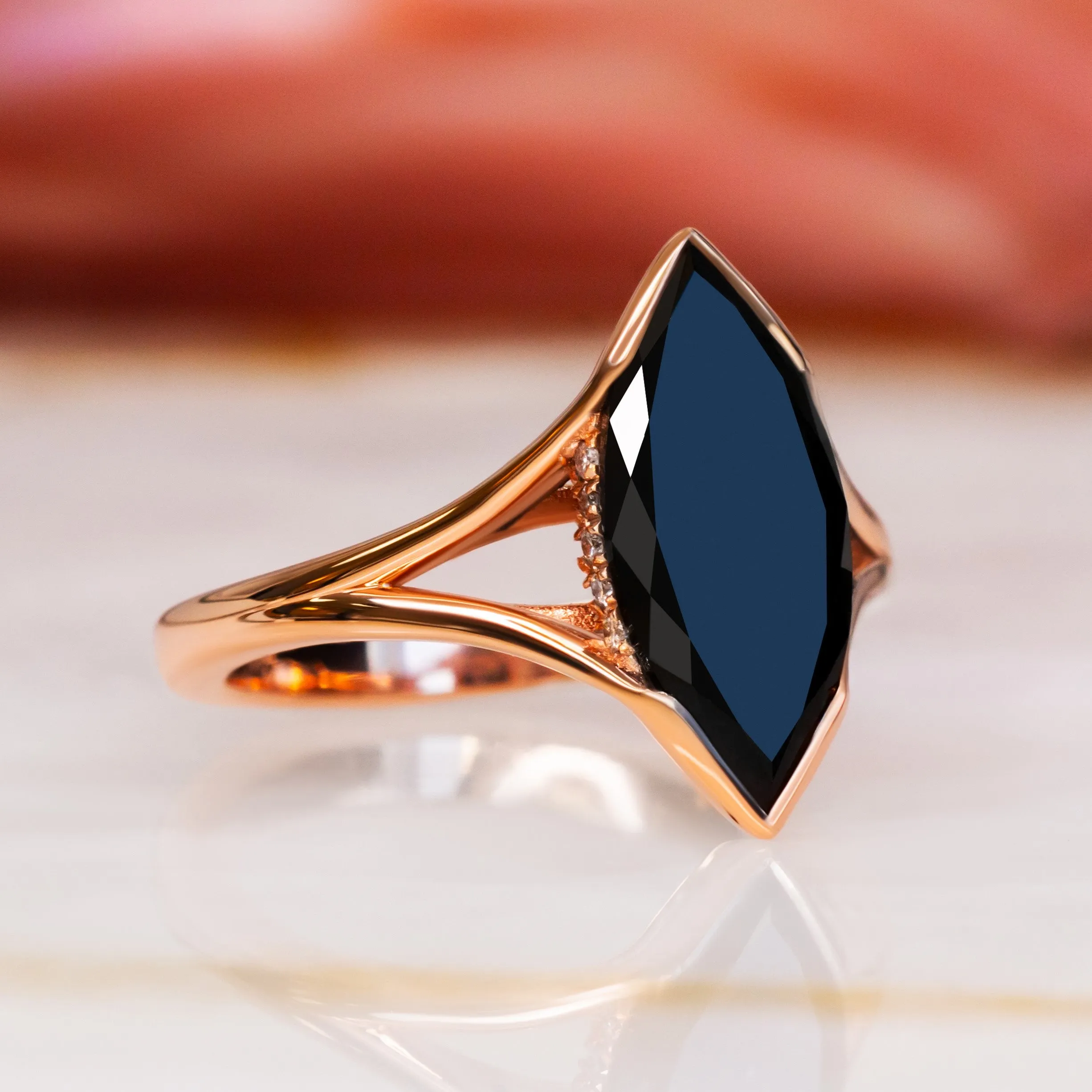 Univers's Eye- Art Deco  Natural Black Diamond Marquise Engagement Ring in Rose  Gold