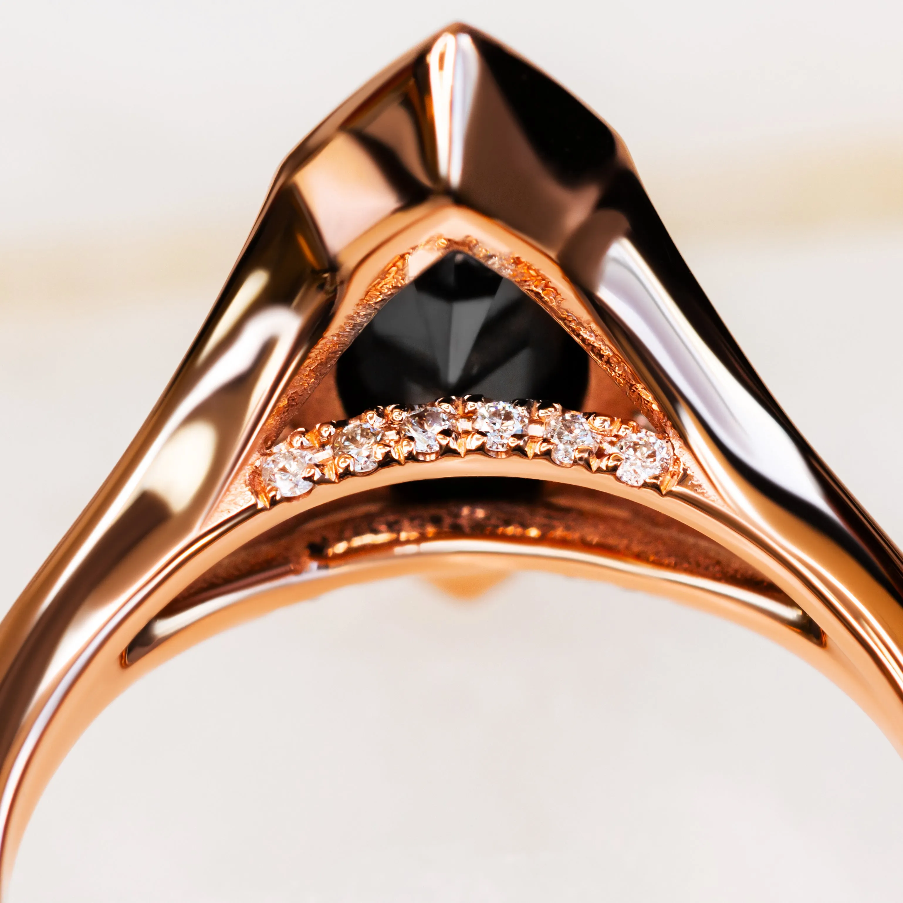 Univers's Eye- Art Deco  Natural Black Diamond Marquise Engagement Ring in Rose  Gold