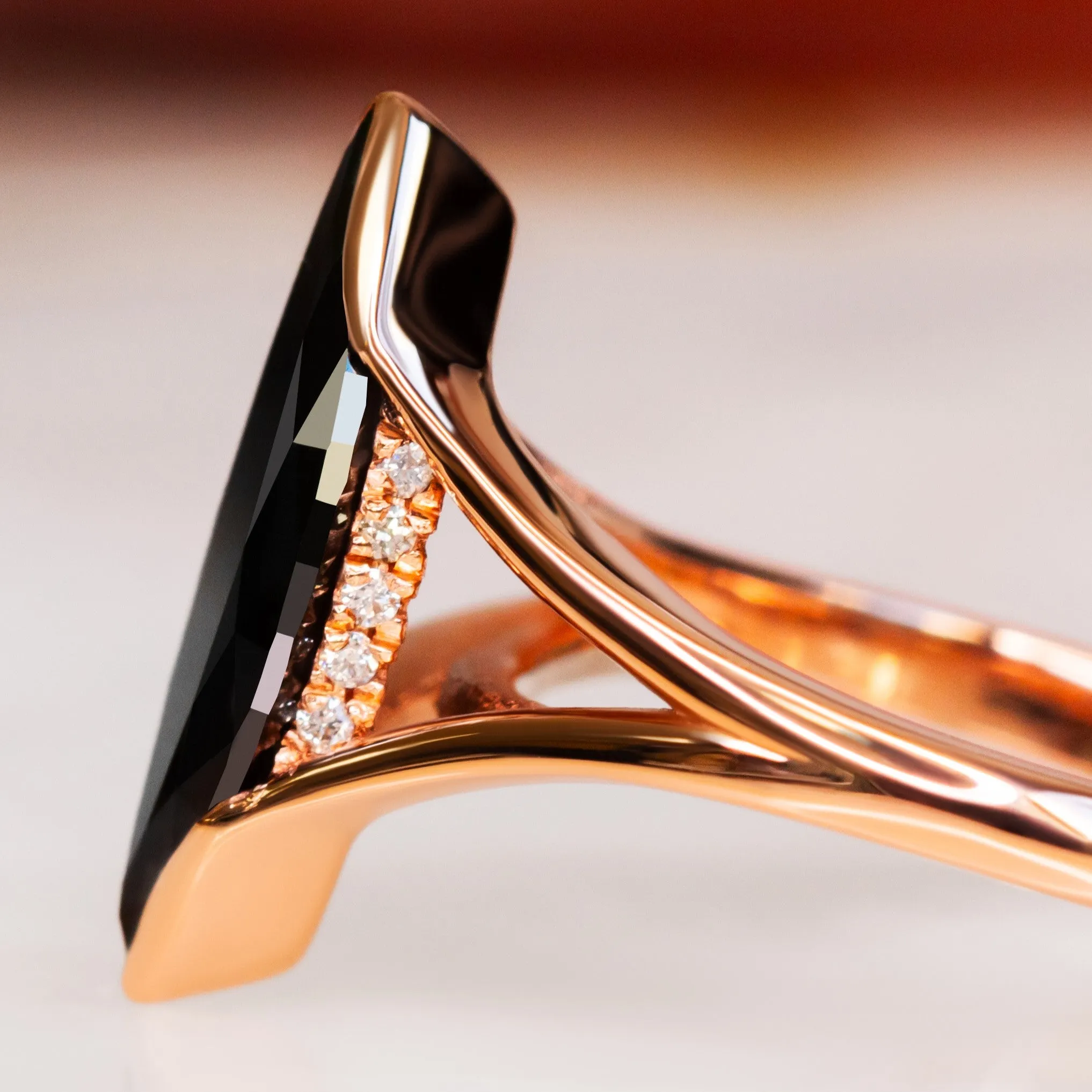 Univers's Eye- Art Deco  Natural Black Diamond Marquise Engagement Ring in Rose  Gold