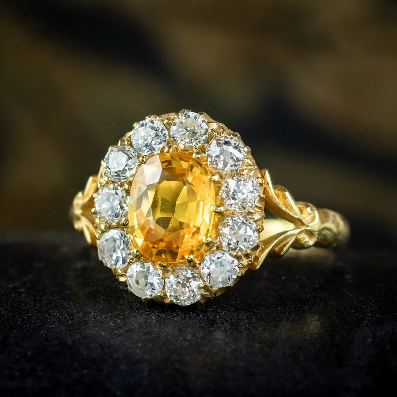 Victorian Style Yellow Sapphire Diamond Cluster Ring 1.8ct Sapphire