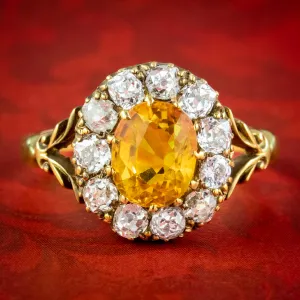 Victorian Style Yellow Sapphire Diamond Cluster Ring 1.8ct Sapphire