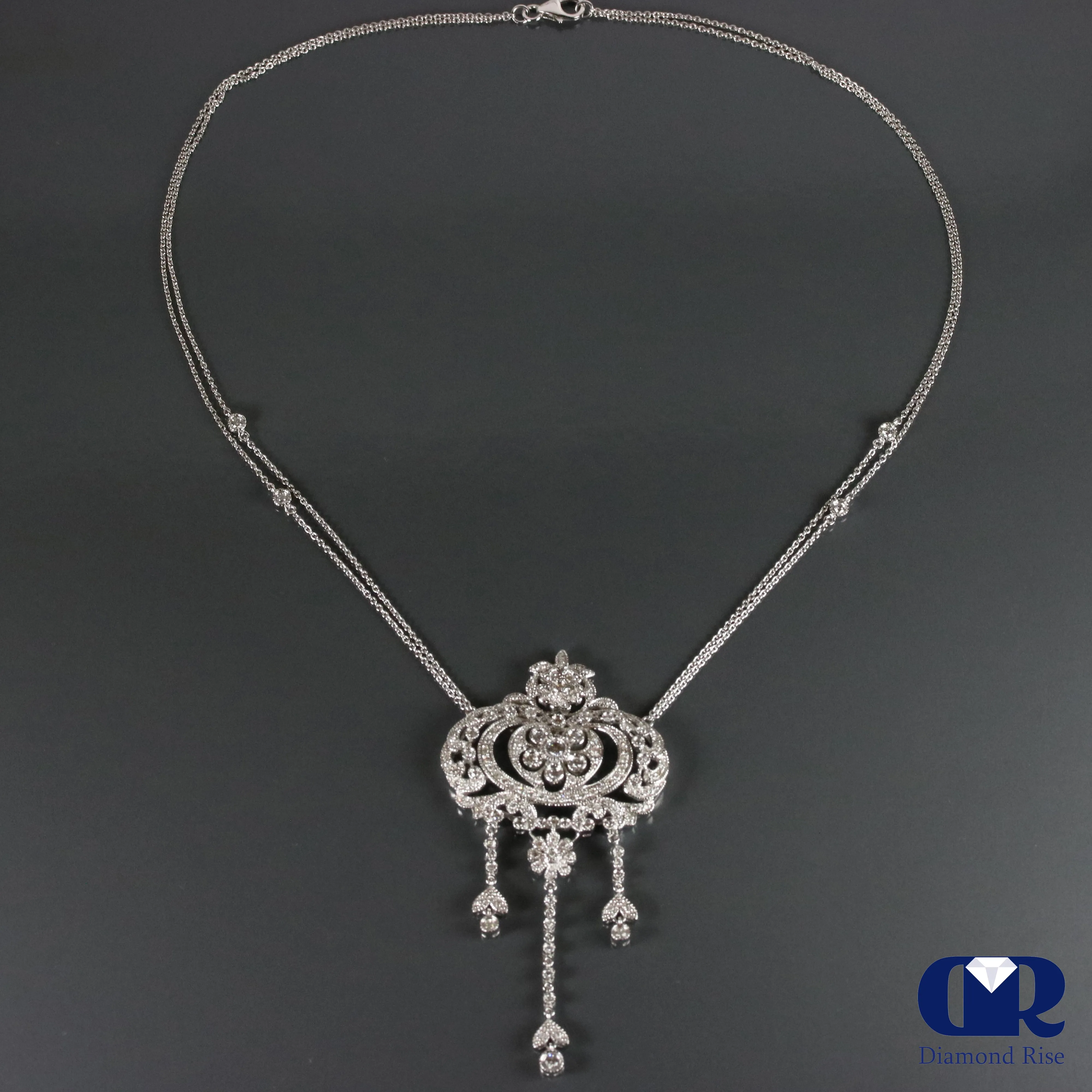 Vintage Diamond Necklace In 14K White Gold With Double 15" Chain