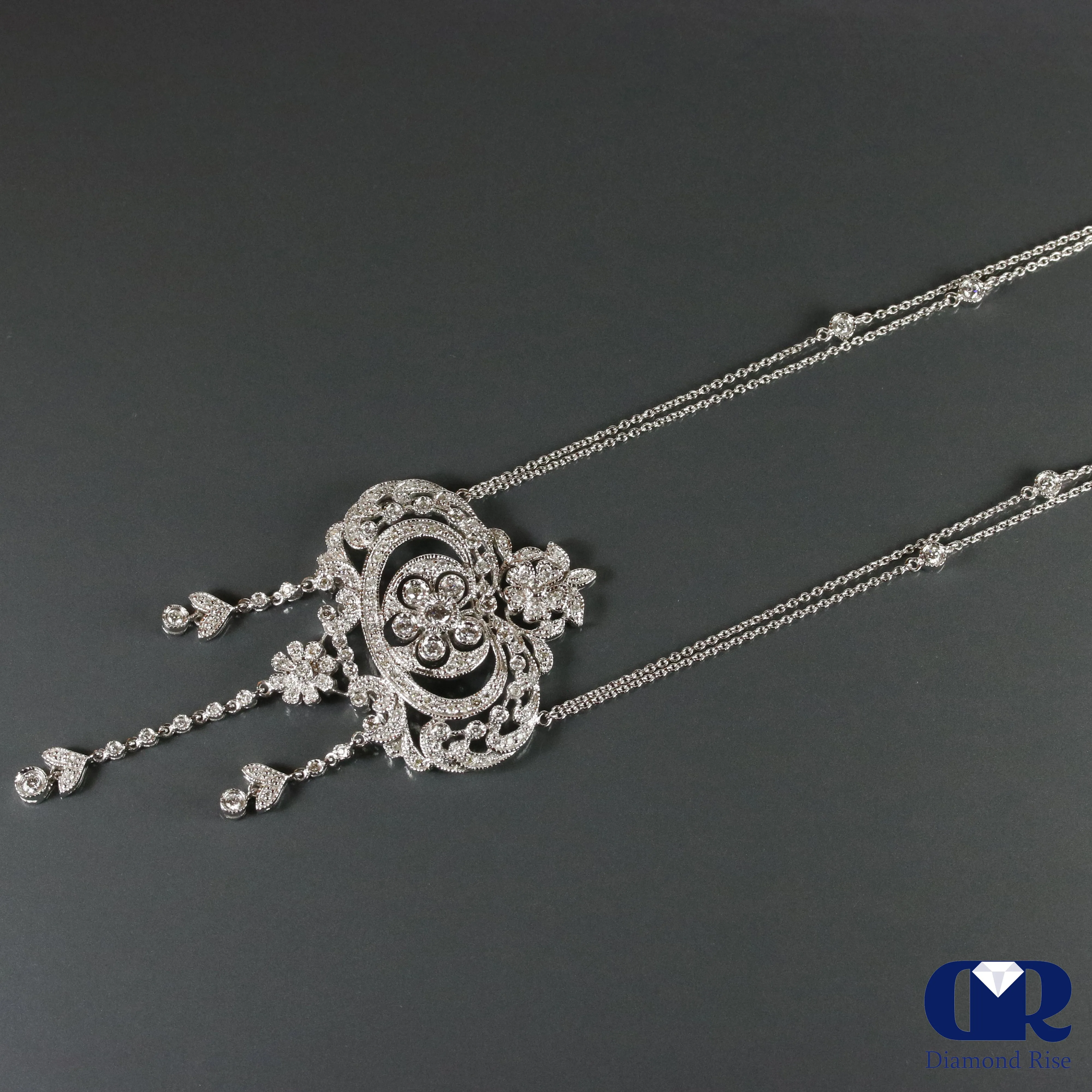 Vintage Diamond Necklace In 14K White Gold With Double 15" Chain