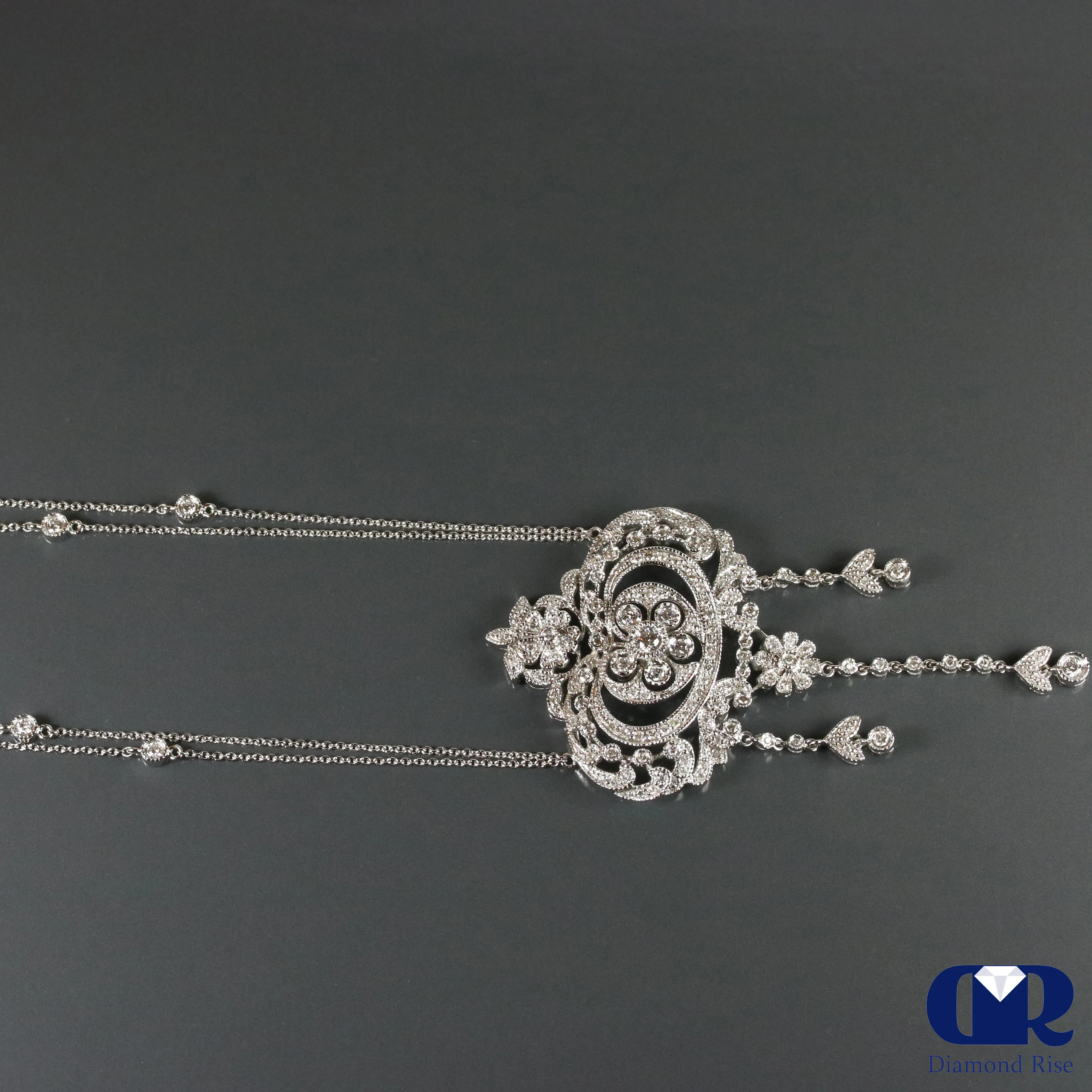 Vintage Diamond Necklace In 14K White Gold With Double 15" Chain