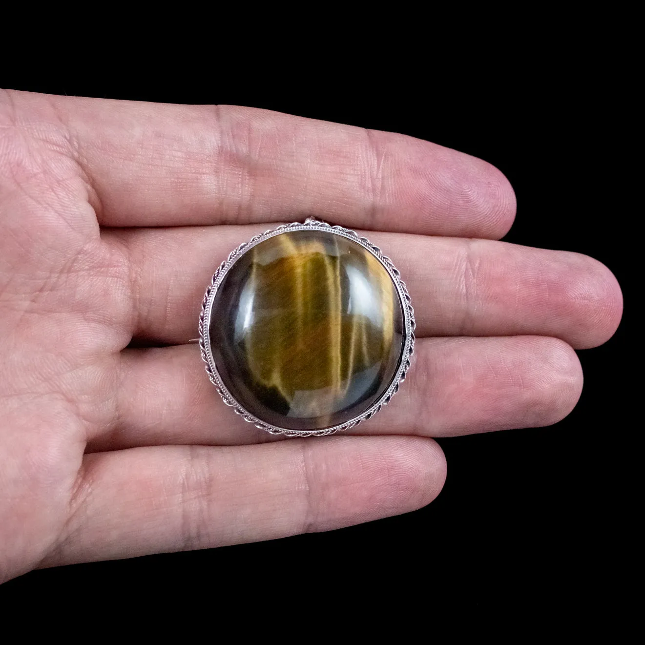 Vintage Tigers Eye Brooch Silver 70ct Stone
