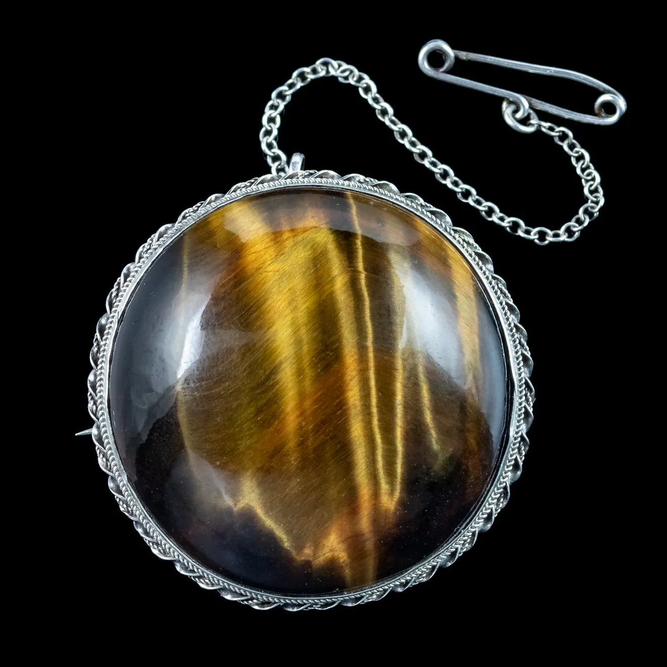 Vintage Tigers Eye Brooch Silver 70ct Stone