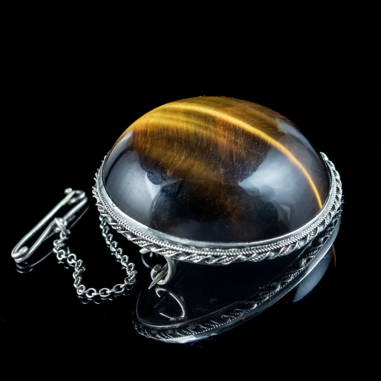 Vintage Tigers Eye Brooch Silver 70ct Stone