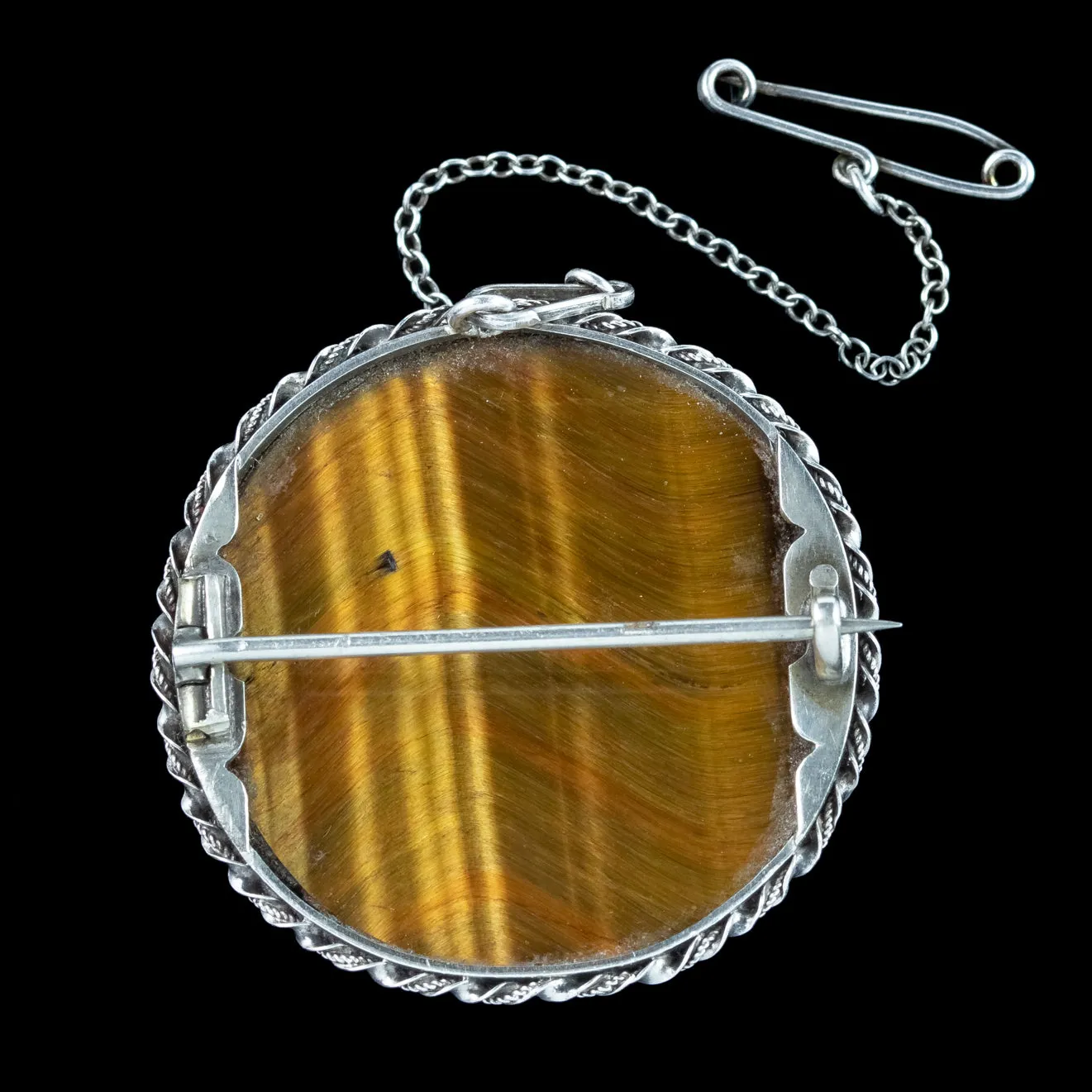 Vintage Tigers Eye Brooch Silver 70ct Stone