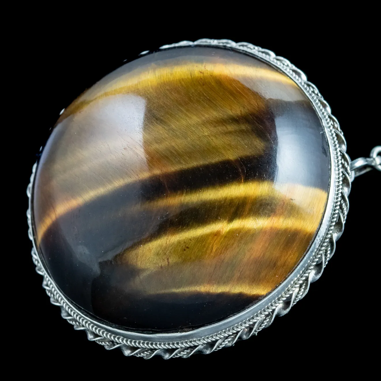 Vintage Tigers Eye Brooch Silver 70ct Stone