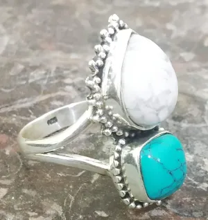 White Howlite Ring, Sterling Silver Ring, Antique Ring, Bohemian Ring, Turquoise Howlite Ring, Promise Ring, Buffalo Ring, Bridesmaids Gift, Healing Crystal, Gypsy Ring, Vintage Style, Two Stone Ring