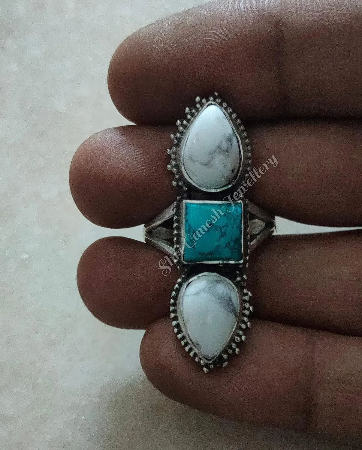White Howlite Ring, Sterling Silver Ring, Antique Ring, Long Ring, Bohemian Ring, Turquoise Howlite Ring, Promise Ring, Buffalo Ring, Bridesmaids Gift, Healing Crystal, Gypsy Ring, Vintage Style