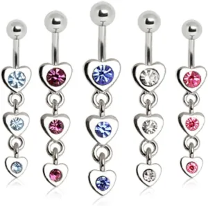 WildKlass Jewelry 316L Surgical Steel Navel Ring with Three Tier Drop Hearts (Sold Individually)