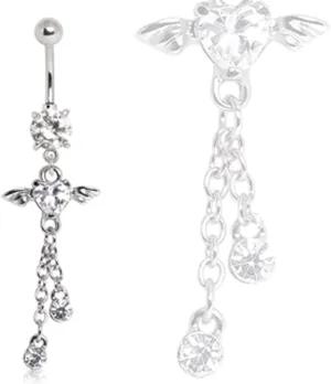 WildKlass Jewelry Winged Heart Dangle Navel Ring 316L Surgical Steel