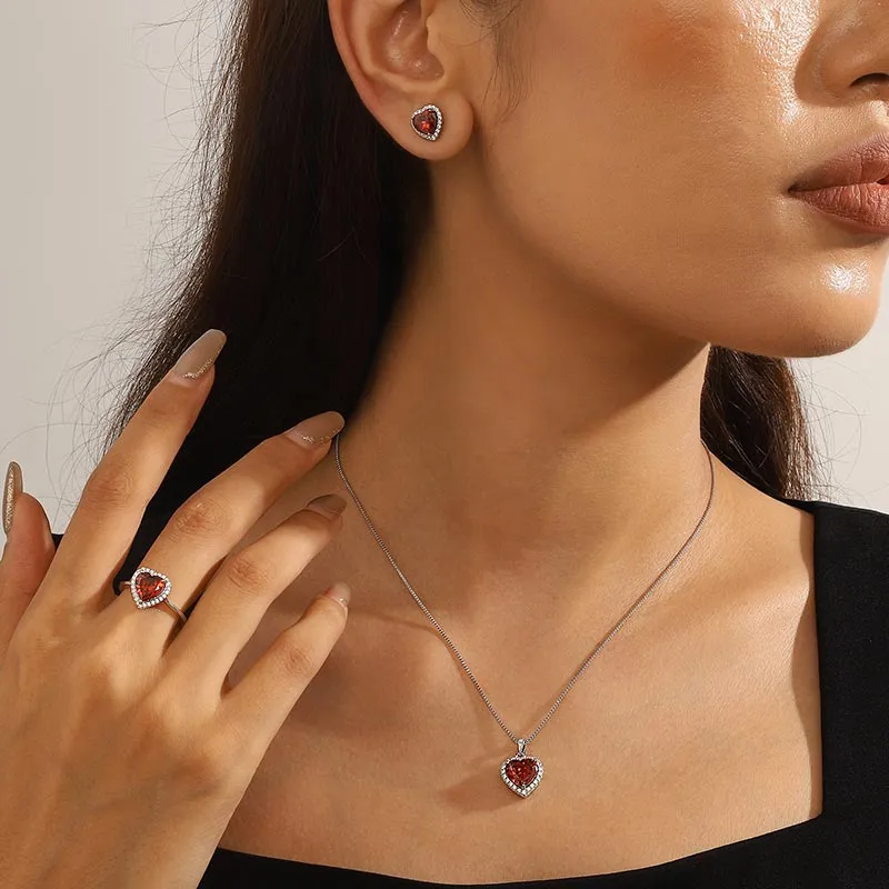 Women Heart Jewelry Sets Birthstone Necklace Earrings Ring 925 Sterling Silver Girls Birthday Mother's Day Gift