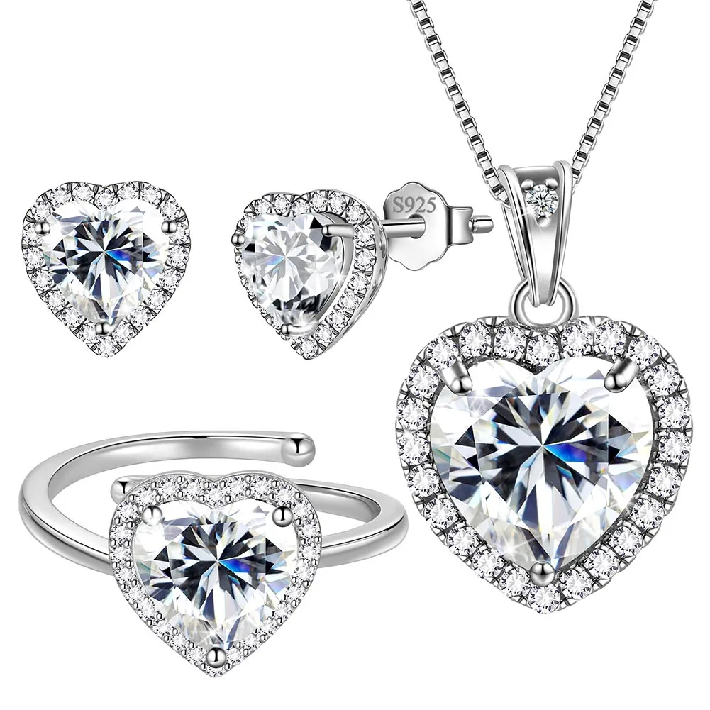 Women Heart Jewelry Sets Birthstone Necklace Earrings Ring 925 Sterling Silver Girls Birthday Mother's Day Gift