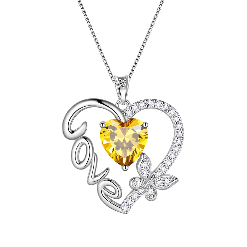 Women Love Heart Necklace Butterfly Birthstone Pendant Jewelry Girls Birthday Gifts Sterling Silver