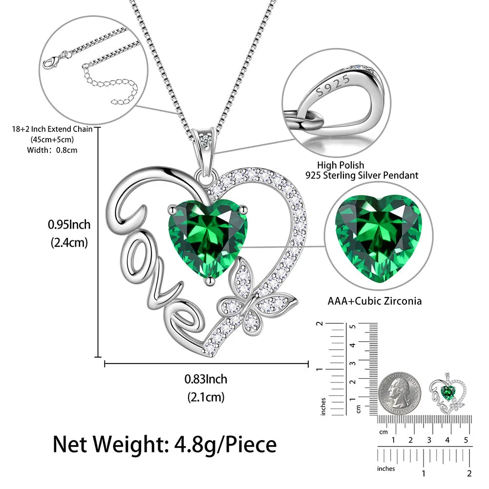 Women Love Heart Necklace Butterfly Birthstone Pendant Jewelry Girls Birthday Gifts Sterling Silver