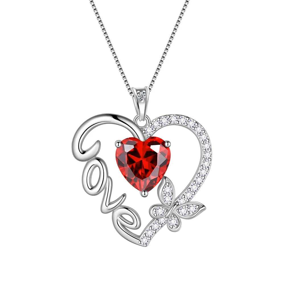 Women Love Heart Necklace Butterfly Birthstone Pendant Jewelry Girls Birthday Gifts Sterling Silver