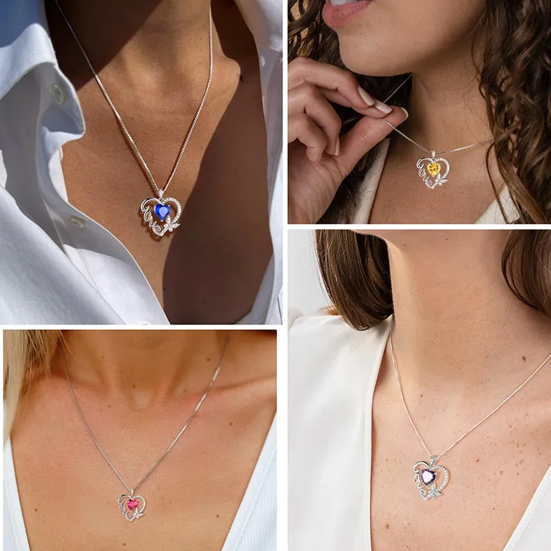 Women Love Heart Necklace Butterfly Birthstone Pendant Jewelry Girls Birthday Gifts Sterling Silver