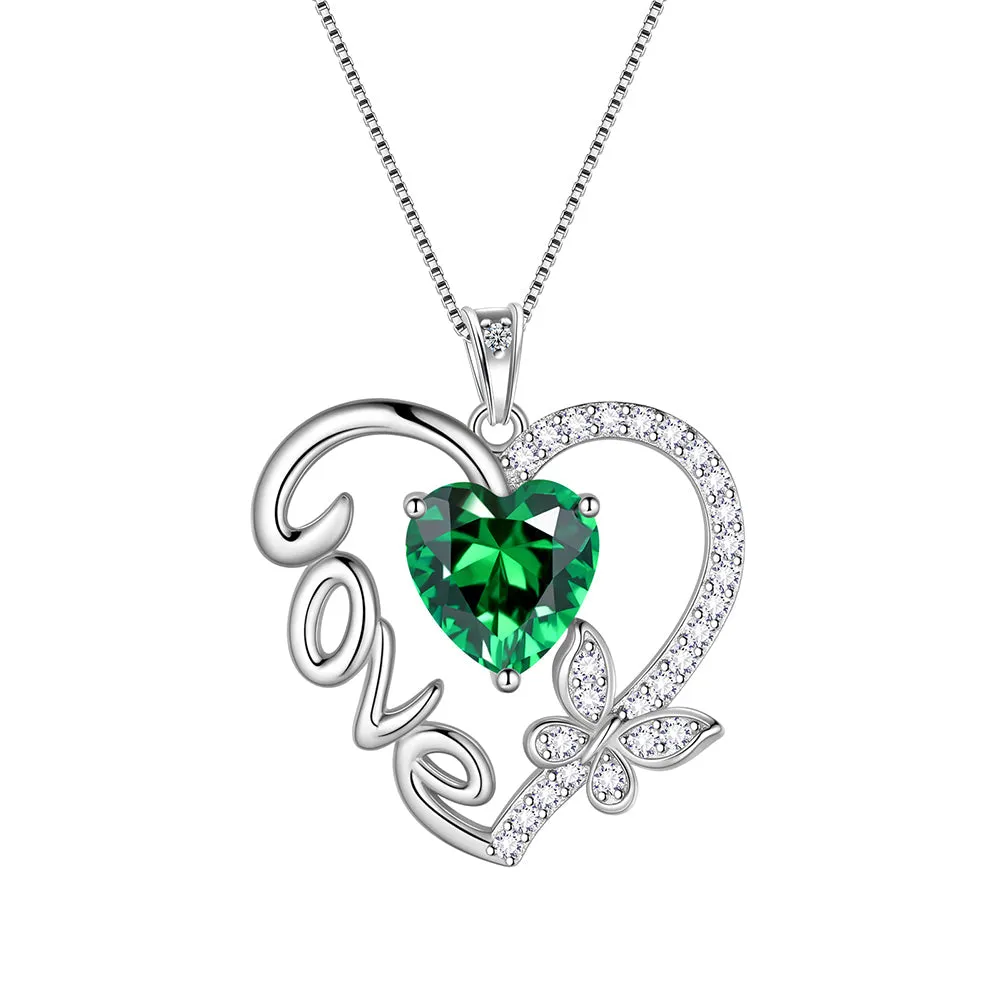 Women Love Heart Necklace Butterfly Birthstone Pendant Jewelry Girls Birthday Gifts Sterling Silver