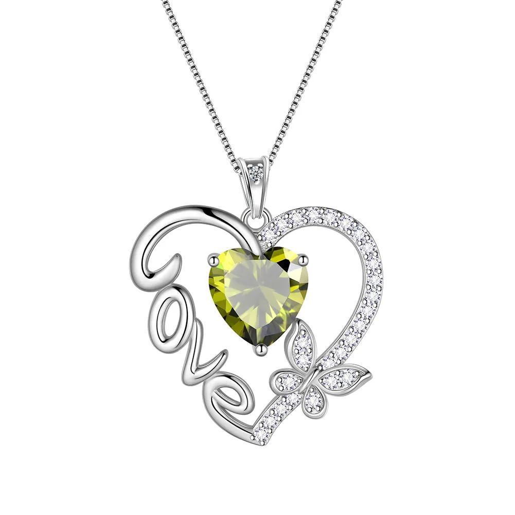 Women Love Heart Necklace Butterfly Birthstone Pendant Jewelry Girls Birthday Gifts Sterling Silver