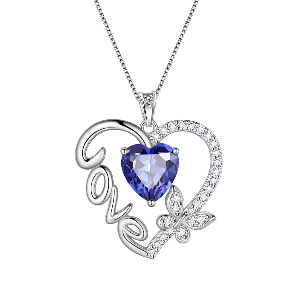Women Love Heart Necklace Butterfly Birthstone Pendant Jewelry Girls Birthday Gifts Sterling Silver