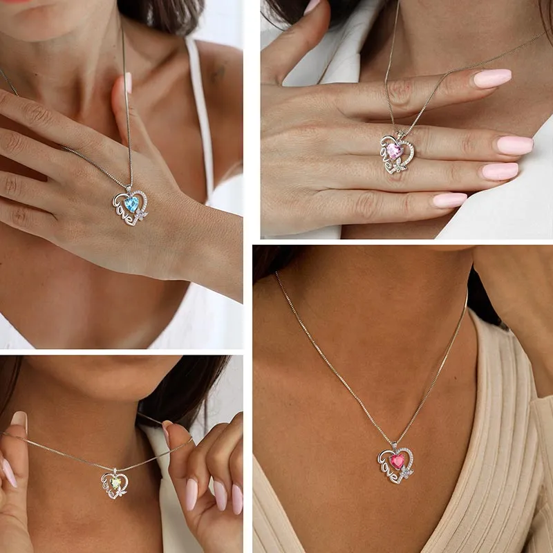 Women Love Heart Necklace Butterfly Birthstone Pendant Jewelry Girls Birthday Gifts Sterling Silver