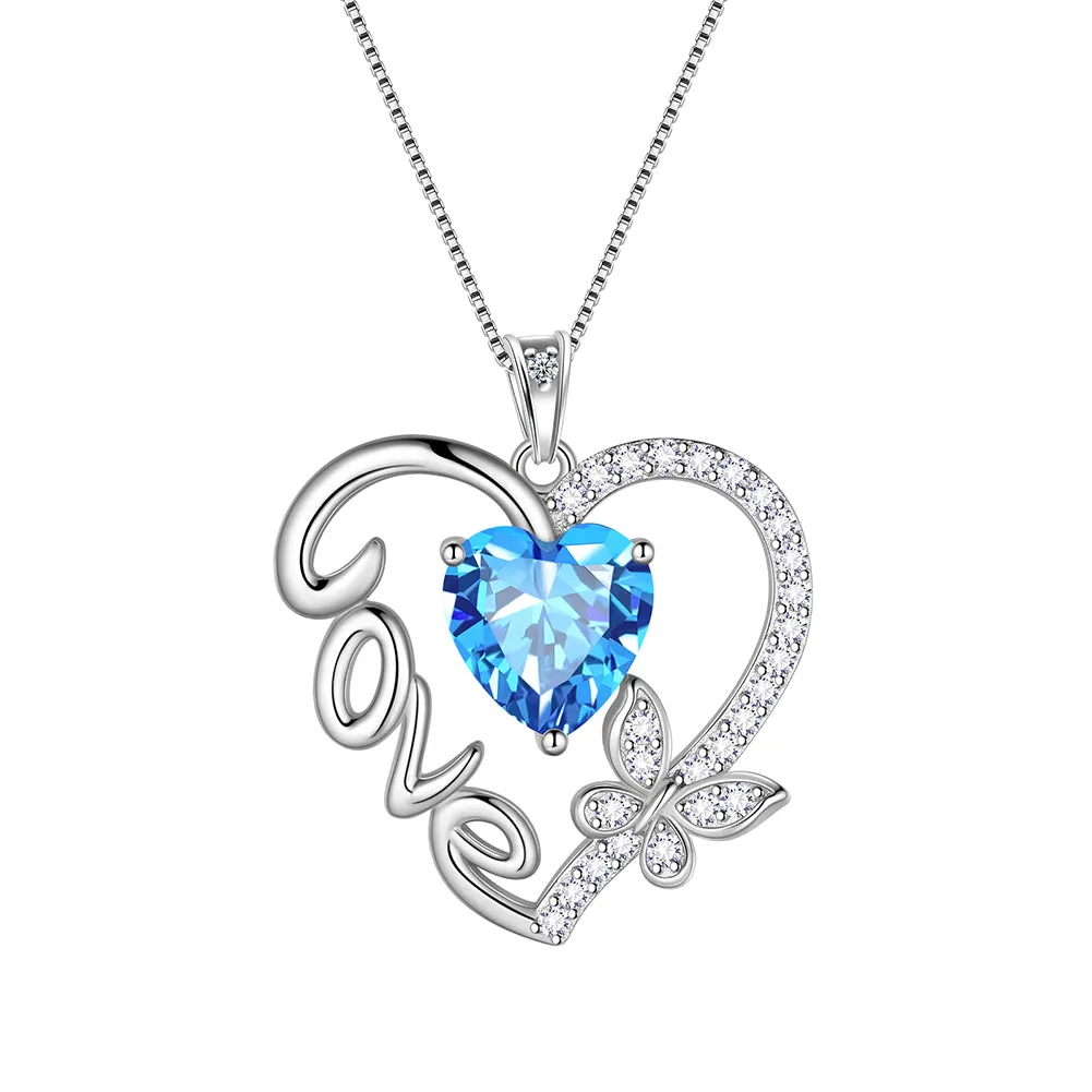 Women Love Heart Necklace Butterfly Birthstone Pendant Jewelry Girls Birthday Gifts Sterling Silver