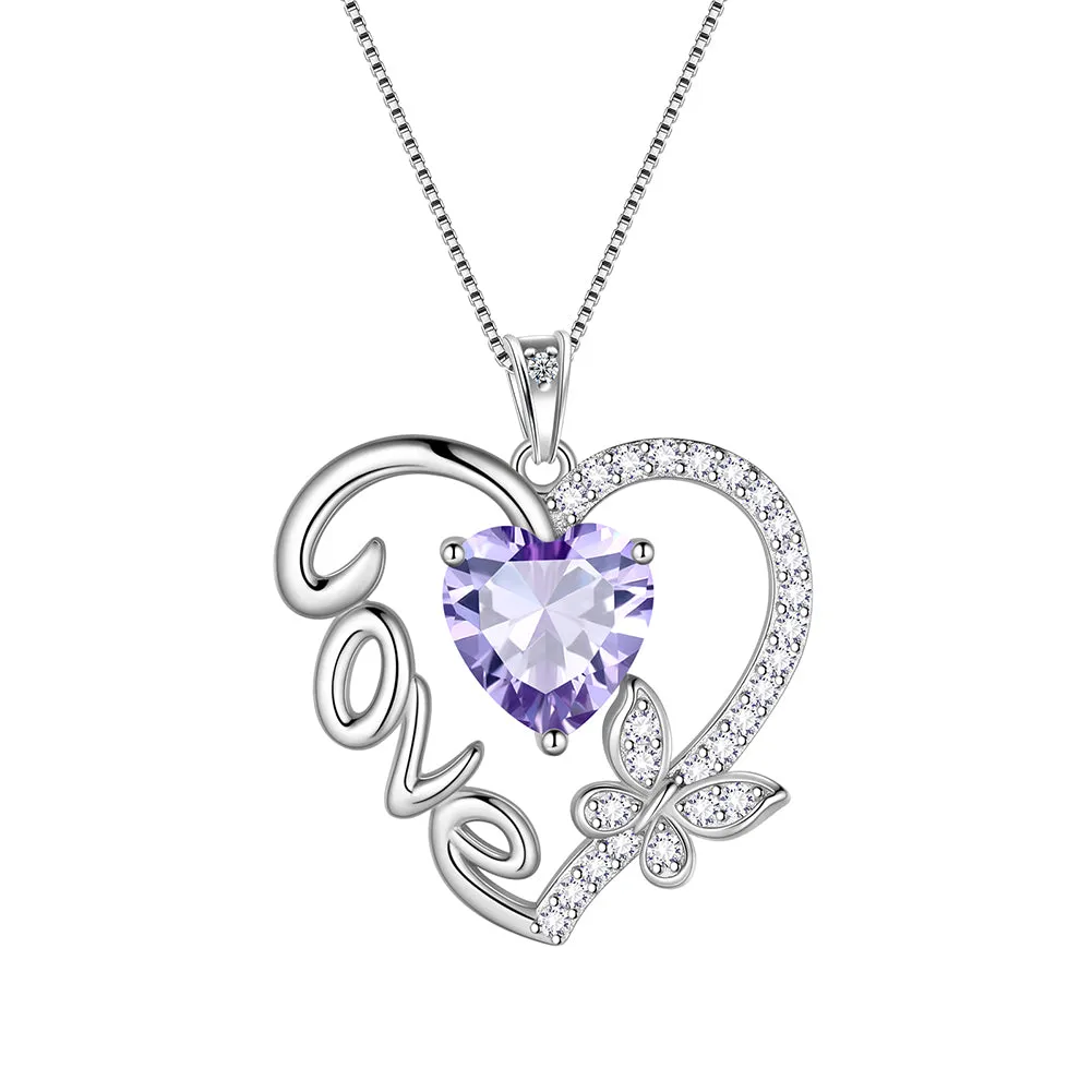 Women Love Heart Necklace Butterfly Birthstone Pendant Jewelry Girls Birthday Gifts Sterling Silver