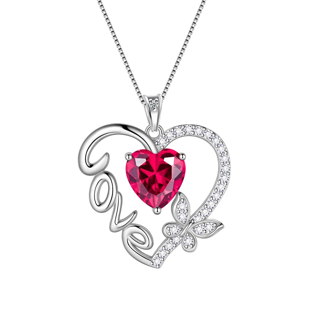 Women Love Heart Necklace Butterfly Birthstone Pendant Jewelry Girls Birthday Gifts Sterling Silver