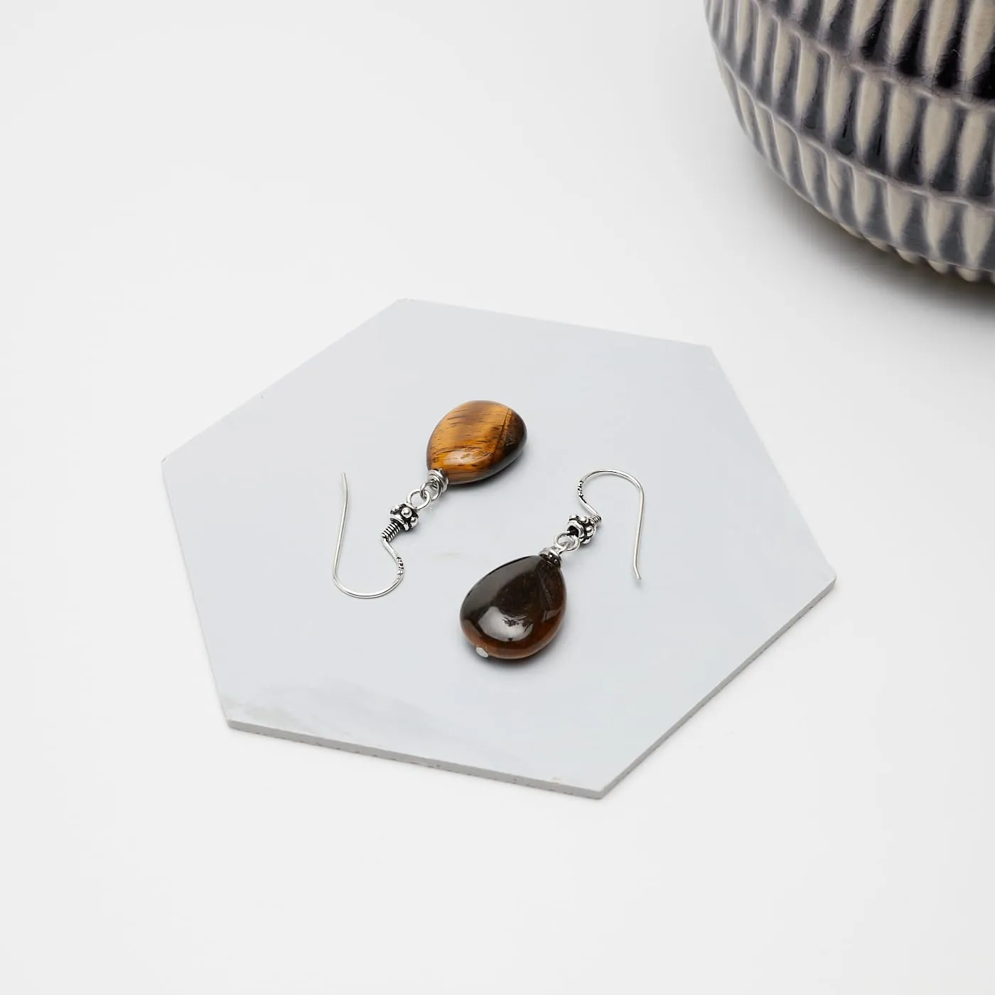 Women's Handmade Natural Gemstone Sterling Silver Dangle Drop Earrings Blue Lapis, Turquoise, Malachite, Blue Spots TearDrop Earrings for Women Ladies Girls (Tiger's Eye)