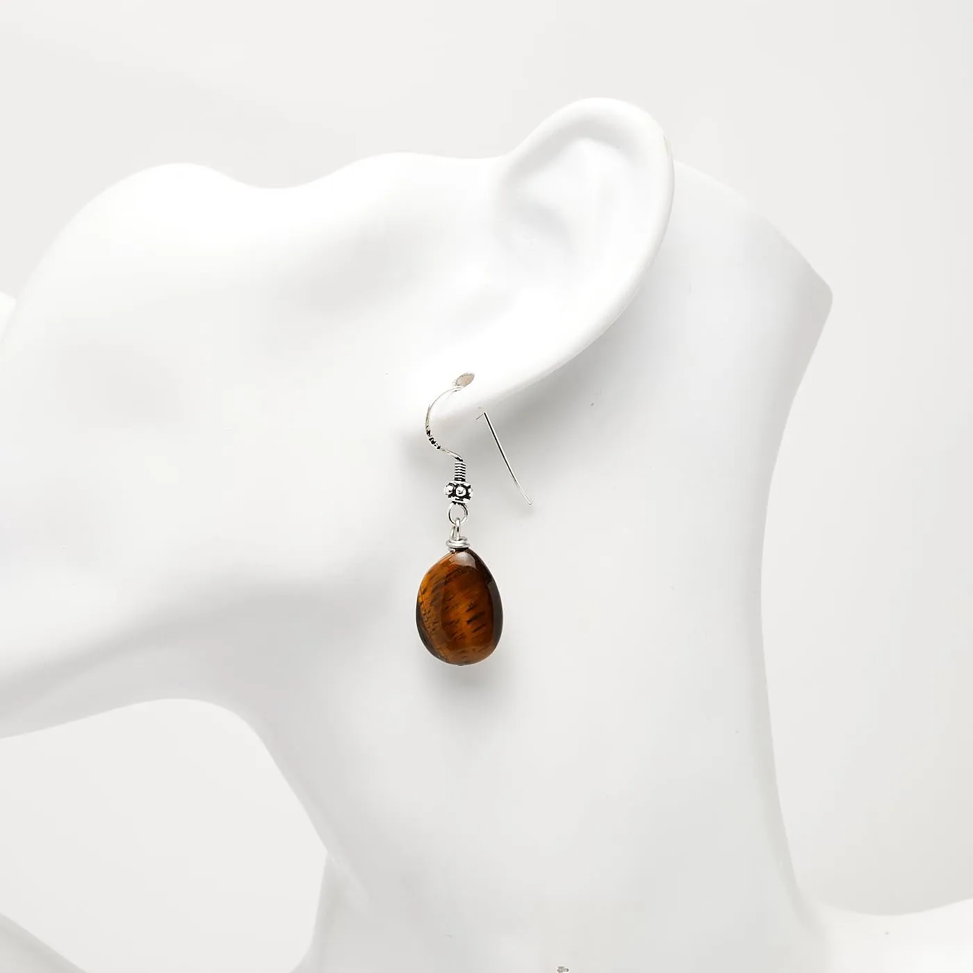 Women's Handmade Natural Gemstone Sterling Silver Dangle Drop Earrings Blue Lapis, Turquoise, Malachite, Blue Spots TearDrop Earrings for Women Ladies Girls (Tiger's Eye)