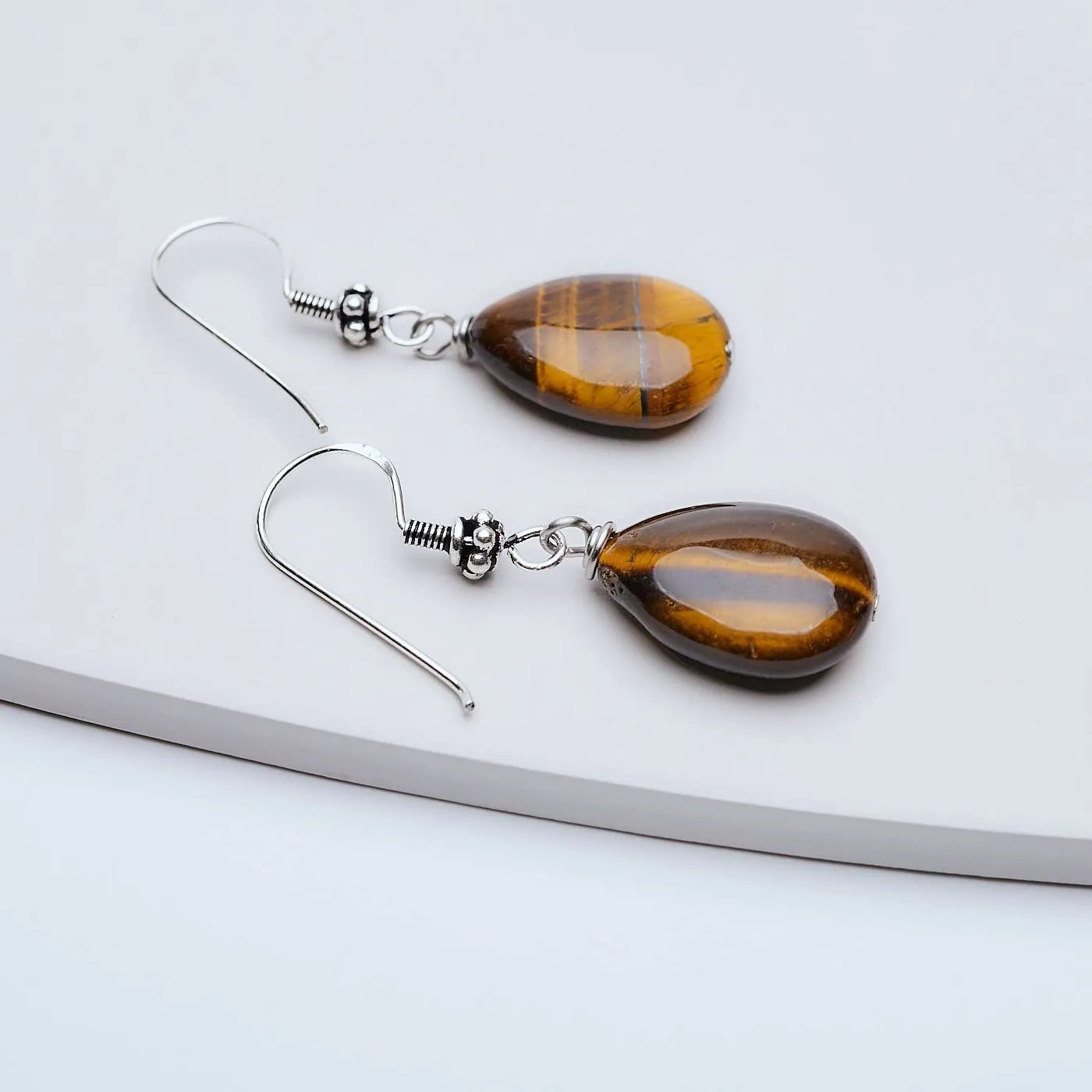 Women's Handmade Natural Gemstone Sterling Silver Dangle Drop Earrings Blue Lapis, Turquoise, Malachite, Blue Spots TearDrop Earrings for Women Ladies Girls (Tiger's Eye)