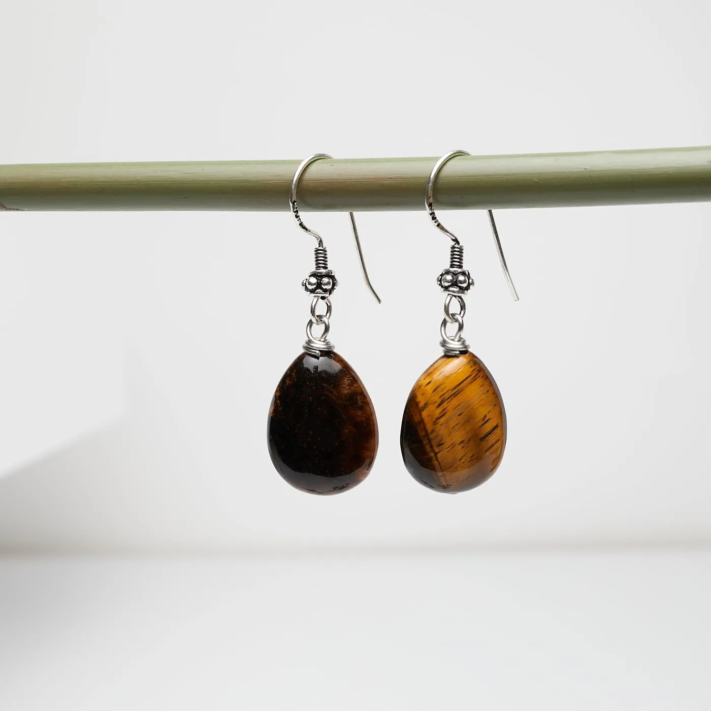 Women's Handmade Natural Gemstone Sterling Silver Dangle Drop Earrings Blue Lapis, Turquoise, Malachite, Blue Spots TearDrop Earrings for Women Ladies Girls (Tiger's Eye)