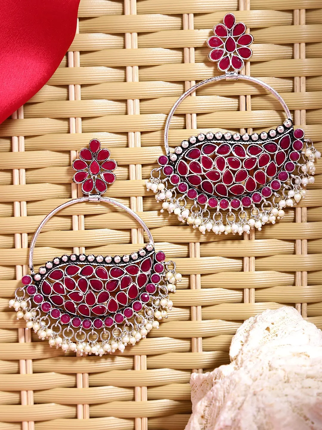 Yellow Chimes Oxidised Earrings for Women Silver Oxidised Pink Studded Stone Big Chandbali Earrings For Women and Girls