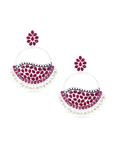 Yellow Chimes Oxidised Earrings for Women Silver Oxidised Pink Studded Stone Big Chandbali Earrings For Women and Girls