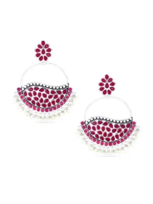 Yellow Chimes Oxidised Earrings for Women Silver Oxidised Pink Studded Stone Big Chandbali Earrings For Women and Girls