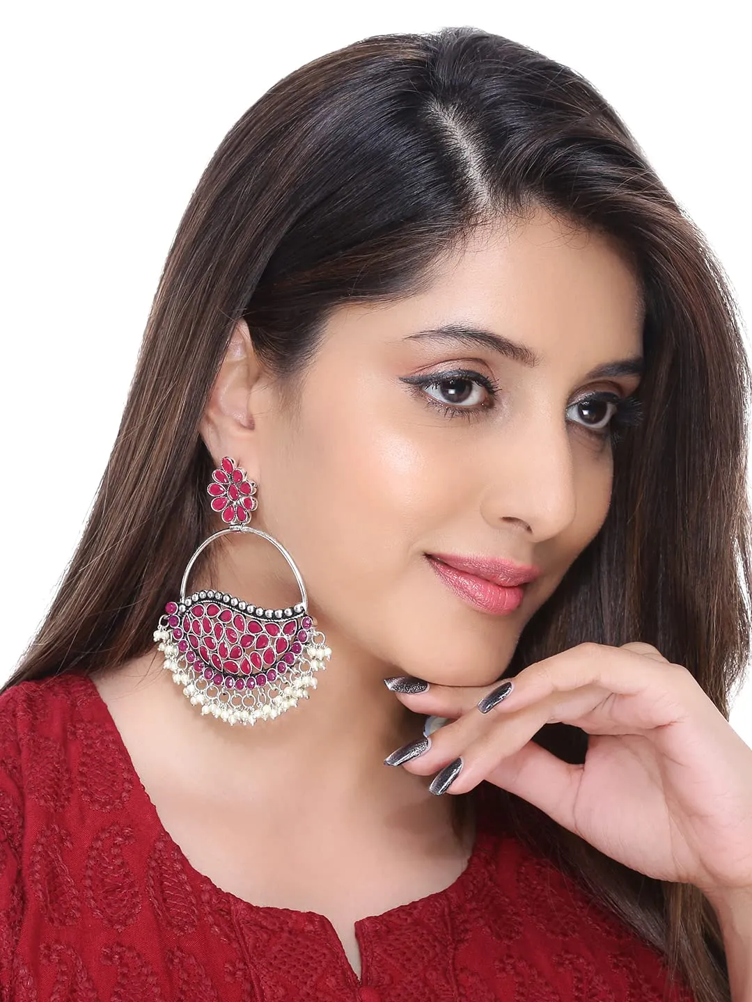 Yellow Chimes Oxidised Earrings for Women Silver Oxidised Pink Studded Stone Big Chandbali Earrings For Women and Girls